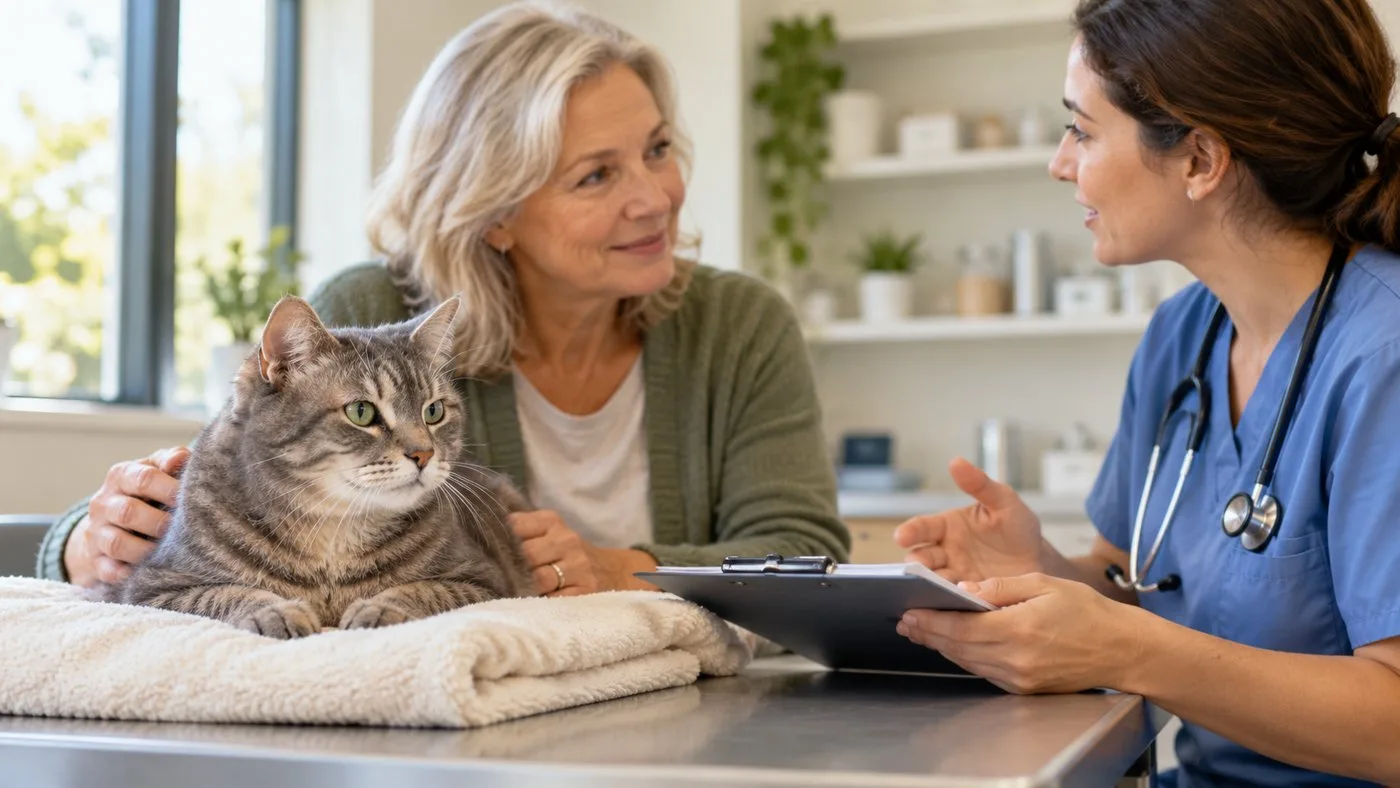 Veterinary professional discussing care with an owner beside a tabby cat