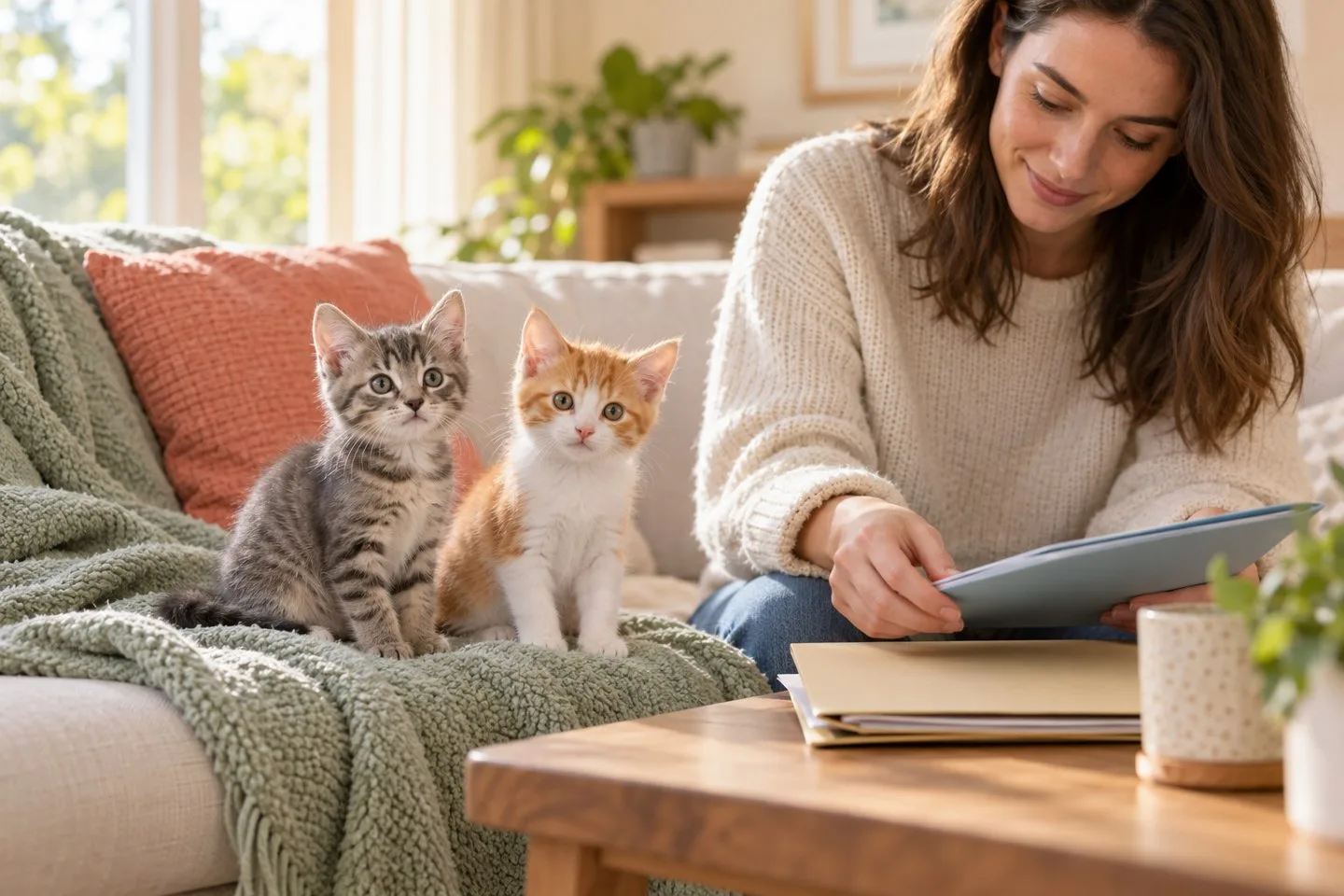 Owner reading at home with two small cats beside her